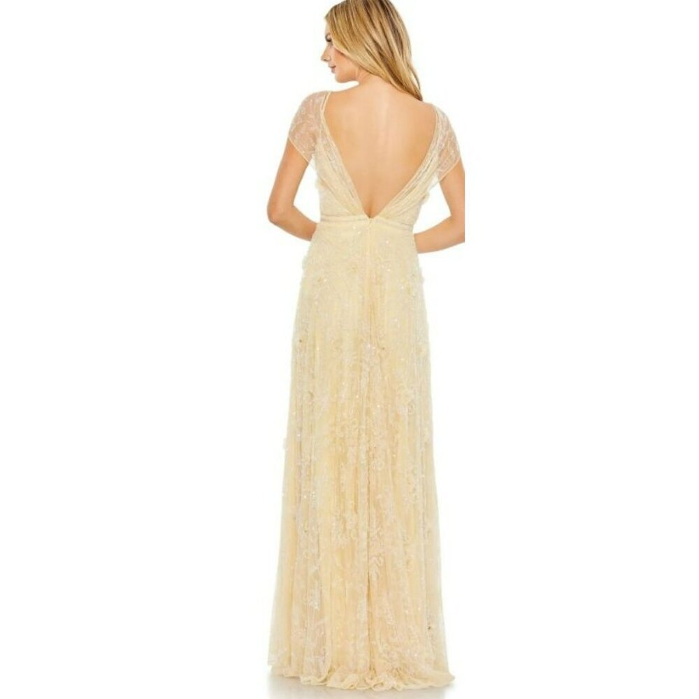 Mac Duggal 3D Floral Beaded Illusion Neck Formal Gown Maxi Dress Yellow 10 NWT - Picture 4 of 10